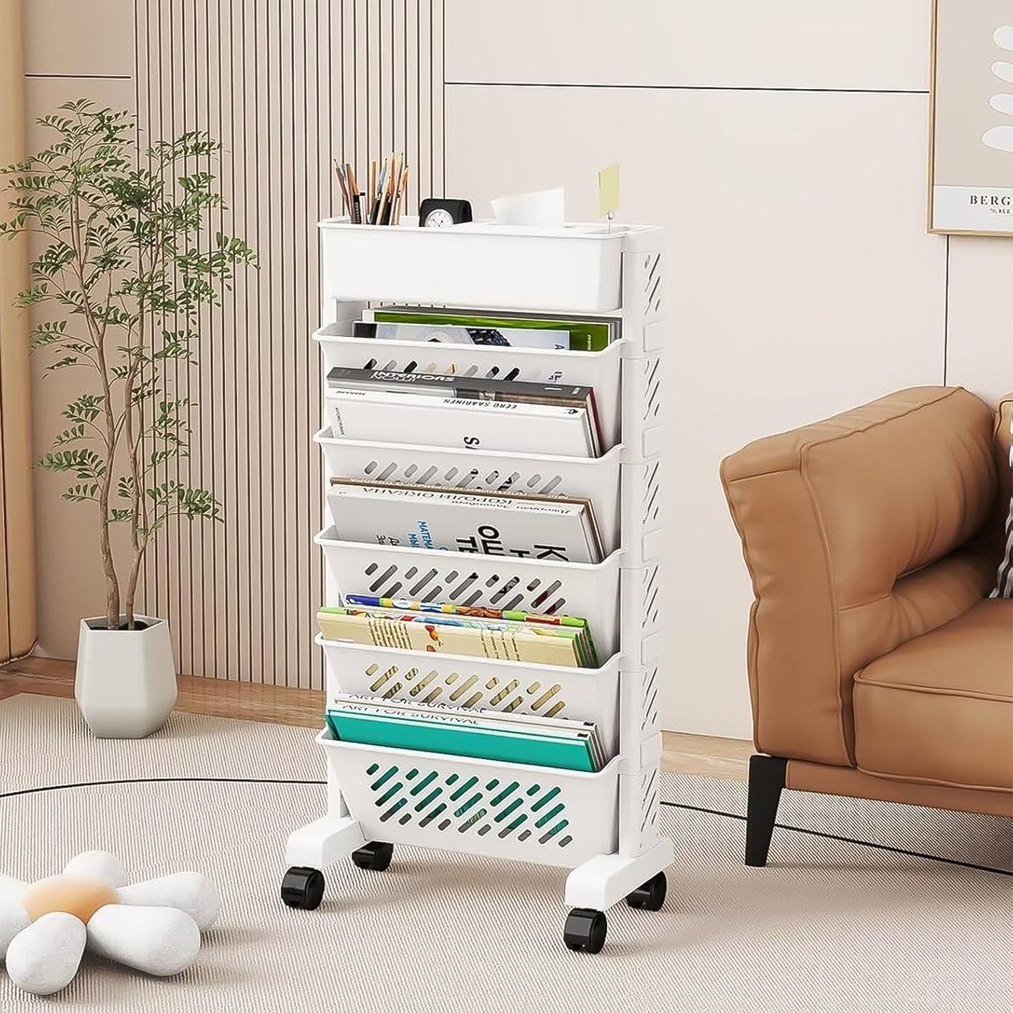Movable Bookshelf Large Capacity Rotatable Plastic Rolling Organization Shelf  Rack